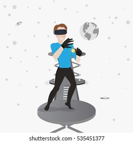 VR gaming. Virtual Reality headset. Man playing using vr headset. Vector flat illustration.