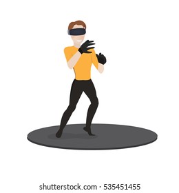 VR gaming. Virtual Reality headset. Man playing using vr headset. Vector flat illustration.