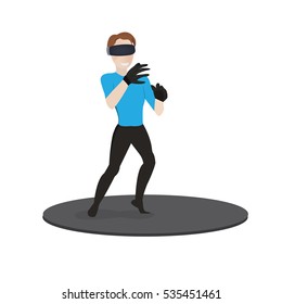 VR gaming. Virtual Reality headset. Man playing using vr headset. Vector flat illustration.
