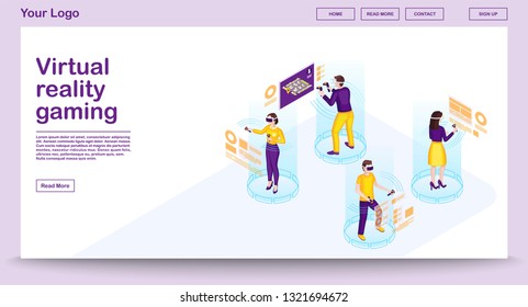 VR gaming webpage vector template with isometric illustration. Website interface design. Futuristic digital technology. People playing 3d concept. Virtual reality players, gamers. Web banner idea