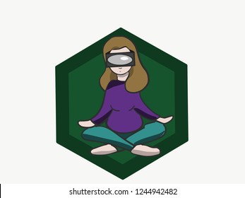 VR girl blond cute yoga character  with helmet avatar on the green background