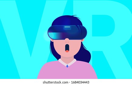 VR girl - female character using virtual reality headset. Open mouth, long hair, cartoon woman. Gaming, video game and entertainment concept. Vector illustration.