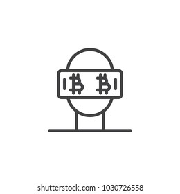VR glasses and bitcoin outline icon. linear style sign for mobile concept and web design. Digital money for virtual life simple line vector icon. Symbol, logo illustration. Vector graphics