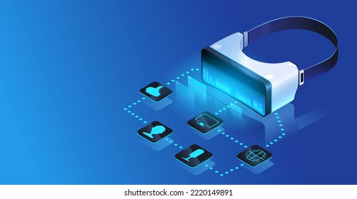 VR glasses connection to network. 3D isometric view headset device with blue grid background. Virtual reality digital technology banner, web design. Business information concept . Vector illustration