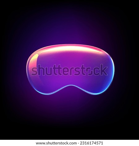 The VR glasses in cyberpunk style. Virtual reality gaming device. New vision or futuristic technology object. Digital vector illustration with neon lights in blue purple colors.