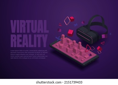 VR glasses experience 3D virtual reality city on smartphone, Experience Metaverse, limitless virtual reality technology. 3d isometric vector illustration.