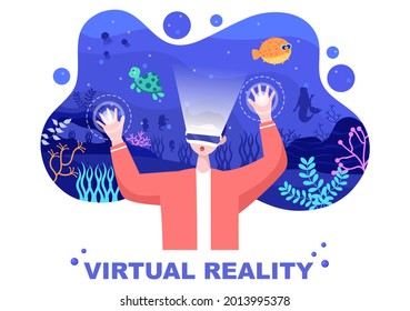 VR Gafas Con Simulaciones De Equipos De Juegos De Viajes A Través De La Realidad Virtual Sea World Para Entretenimiento O Educación. Ilustración de vectores de fondo