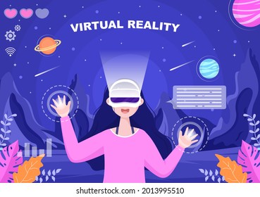 VR-Brillen mit Spielgeräten Simulation von Reisen durch die virtuelle Realität Weltraum für Unterhaltung oder Bildung. Vektorgrafik im Hintergrund