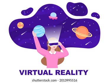 VR Gafas Con Simulaciones De Equipos De Juegos De Viajes A Través Del Espacio Virtual Reality World Para Entretenimiento O Educación. Ilustración de vectores de fondo