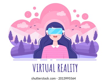 VR Glasses With Game Equipment Simulations Of Travels Through The Virtual Reality World Landscape For Entertainment Or Education. Background Vector Illustration