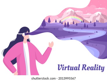VR Glasses With Game Equipment Simulations Of Travels Through The Virtual Reality World Landscape For Entertainment Or Education. Background Vector Illustration