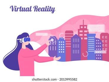 VR Glasses With Game Equipment Simulations Of Travels Through The Virtual Reality World Architecture For Entertainment Or Education. Background Vector Illustration