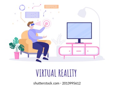 VR Gafas Con Simulaciones De Equipos De Juegos De Viajes A Través Del Mundo De La Realidad Virtual Para Entretenimiento O Educación. Ilustración de vectores de fondo