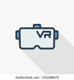 VR glasses, goggles, virtual reality 360 thin line flat color icon. Linear vector illustration. Pictogram isolated on white background. Colorful long shadow design.