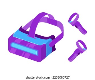 VR glasses and hand tracking controllers in isometric style. Cord-free design of virtual reality headset isolated on white background. Innovation network experience, AR gaming. Vector illustration