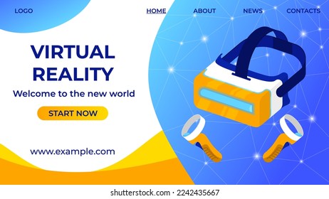 VR glasses and hand tracking controllers landing page template. Design of virtual reality headset on futuristic interface for banner, website. Cyberspace equipment for AR gaming, education, business