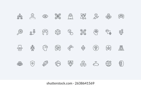 VR glasses and headset, 360 degree panorama, robot thin black outline symbols vector illustration. Virtual reality and 3D world, metaverse, game and entertainment devices line icon set