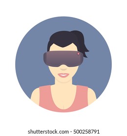 VR glasses, headset, cartoon girl in virtual reality glasses flat icon on white