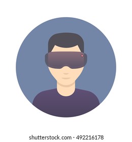 VR glasses, headset, cartoon man in virtual reality glasses flat icon