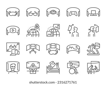 VR glasses icon set. It included ar, virtual reality, gadget, technology, and more icons. Editable Vector Stroke.