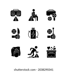 Vr instrucciones de gafas de gafas de glifo negro iconos de etiqueta manual establecidos en el espacio blanco. Uso de auriculares de realidad virtual. Símbolos de silueta. Ilustración aislada de vectores para instrucciones de uso de productos