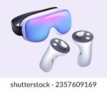 VR glasses and joystick gamepad 3D icon. Virtual reality, Virtual reality headset and controllers for gaming. VR helmet. Metaverse technology concept, artificial, augmented reality. 3D render UI icons