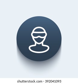 VR glasses line icon, virtual reality headset pictogram, man in virtual reality glasses round icon, vector illustration