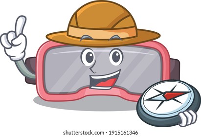 VR glasses mascot design style of explorer using a compass during the journey