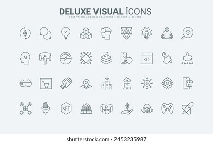 VR glasses for meta world simulation and game, innovation and support in virtual experience, NFT marketplace thin black and red symbols vector illustration. Metaverse, future technology line icons set