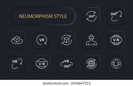 Icono de línea de gafas VR. Realidad virtual, 360 grados, Internet, gadget, dispositivo, progreso, visualización. Estilo neomorfista. Icono de línea de vector para negocios y publicidad