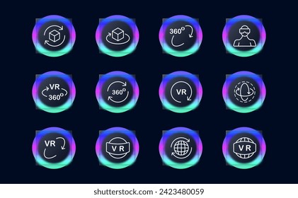 Icono de línea de gafas VR. Realidad virtual, 360 grados, Internet, gadget, dispositivo, progreso, visualización. Estilo de glasmorfismo. Icono de línea de vector para negocios y publicidad