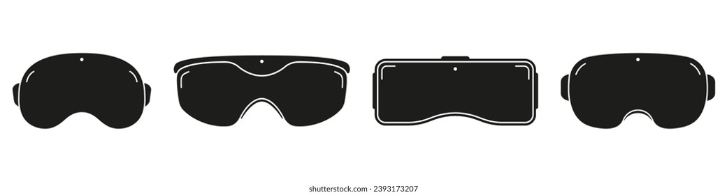 Conjunto de iconos de silueta de lentes VR. Colección de símbolos de gafas de realidad virtual. Pictograma de glifo de tecnología de videojuegos. Signo sólido de dispositivo digital de juegos. Ilustración de vectores aislados.