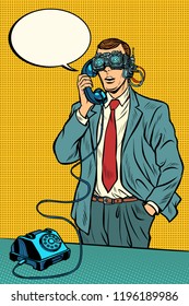 VR glasses. Steampunk cyberpunk. man talking on a retro phone. Pop art retro vector illustration vintage kitsch