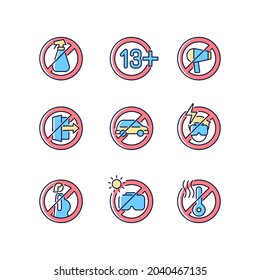 Vr glasses usage restrictions RGB color manual label icons set. Virtual reality device. Isolated vector illustrations. Simple filled line drawing for product use instructions collection