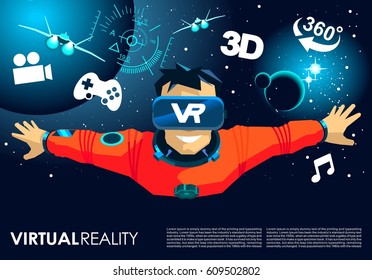 VR Glasses Video Game Man Fly Into The Space Banner