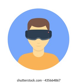 VR glasses, virtual reality headset, cartoon man in virtual reality glasses flat icon, vector illustration