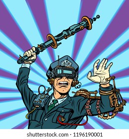 VR glasses. virtual reality. police violence, state censorship on the Internet concept. COP officer beat a baton. Pop art retro vector illustration vintage kitsch