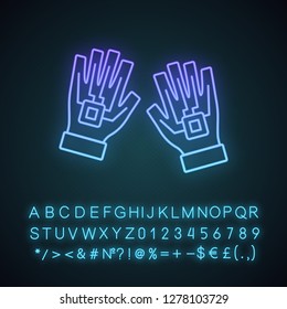 VR gloves neon light icon. Haptic, wired gloves. Datagloves, cybergloves. Glowing sign with alphabet, numbers and symbols. Vector isolated illustration