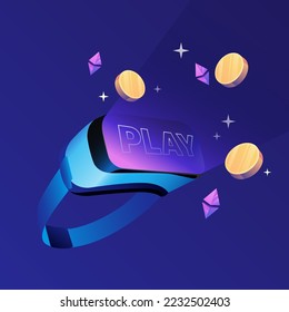 VR goggles, flying coins. P2E Crypto Games Illustration. Play to Earn VR Games. Vector illustration