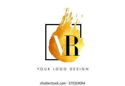 VR Gold Letter Brush Logo. Golden Painted Watercolor Background with Square Frame Vector Illustration.