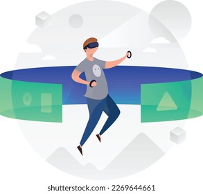 VR Guy Floating Technology Scene UI Banner Illustration Vector EPS