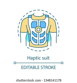 VR haptic suit concept icon. Feedback and motion tracking jacket. Innovation VR device. Virtual reality vest idea thin line illustration. Vector isolated outline drawing. Editable stroke