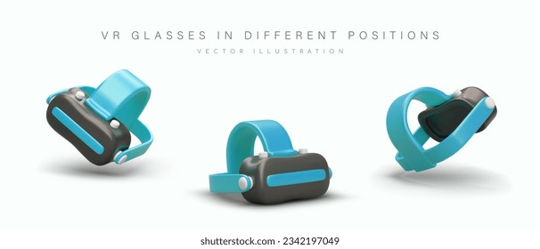 VR headset. Blue glasses for virtual reality. Set of isolated colored vector images. Device for modern games. Goggles for viewing virtual content. Illustration for web design