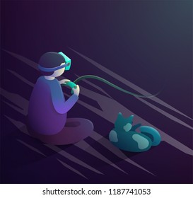VR headset concept. Boy and cat sitting and playing using vr headset. Vector isometric illustration.