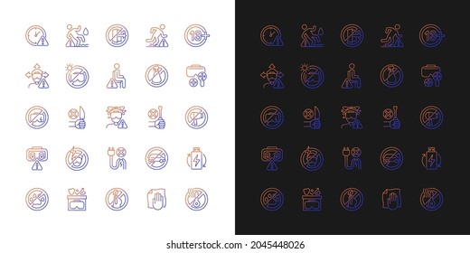 Vr headset gradient manual label icons set for dark and light mode. Thin line contour symbols bundle. Isolated vector outline illustrations collection on black and white for product use instructions