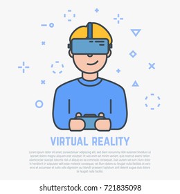 VR headset. Happy man playing video game with joystick and virtual reality helmet with screen. Flat style line modern illustration.