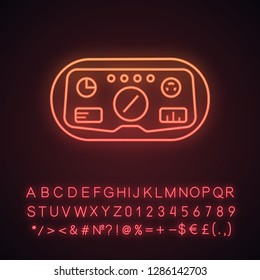 VR headset HUD neon light icon. Head-up display. Game player visual interface. Virtual reality mask, glasses. Glowing sign with alphabet, numbers and symbols. Vector isolated illustration