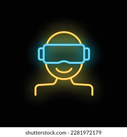 Vr vector de contorno de icono de auriculares. Realidad 3D. Color del neón del turismo en línea aislado en negro