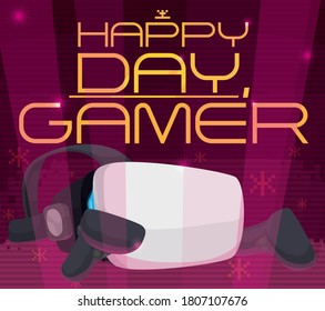 VR headset and joysticks starting a immersive cyber experience celebrating the Gamer Day.