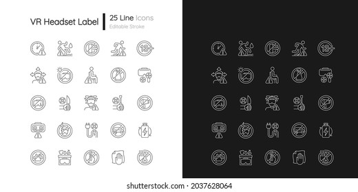 VR headset linear manual label icons set for dark and light mode. Customizable thin line symbols. Isolated vector outline illustrations for product use instructions. Editable stroke